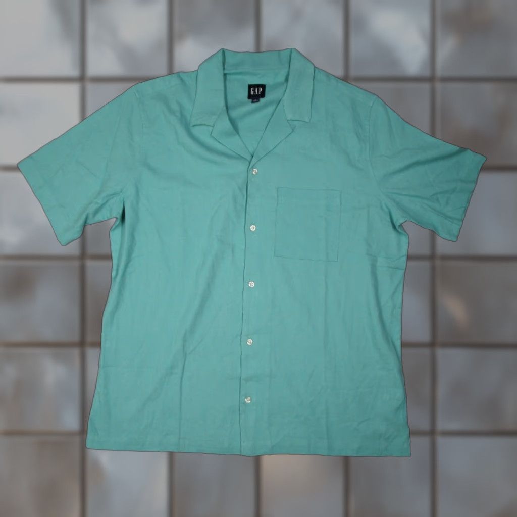 Gap VINTAGE Gap Men's Short Sleeve Button-Up Shirt Camp Hawaiian Linen Blend Casual Summer 90s Mens Large Green Size US L / EU 52-54 / 3 - 1 Thumbnail