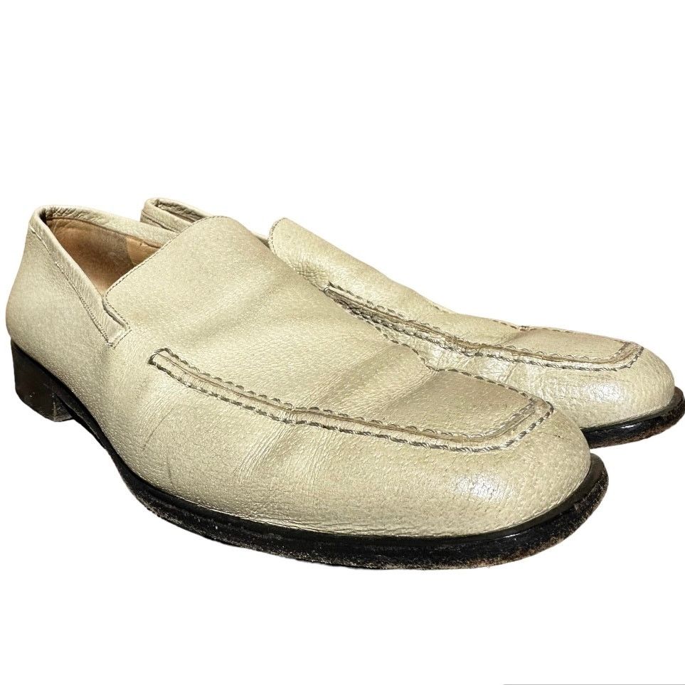 Gucci Slip On Loafer Shoes Heeled Square Toe Leather Cream 8 in Beige, Men's