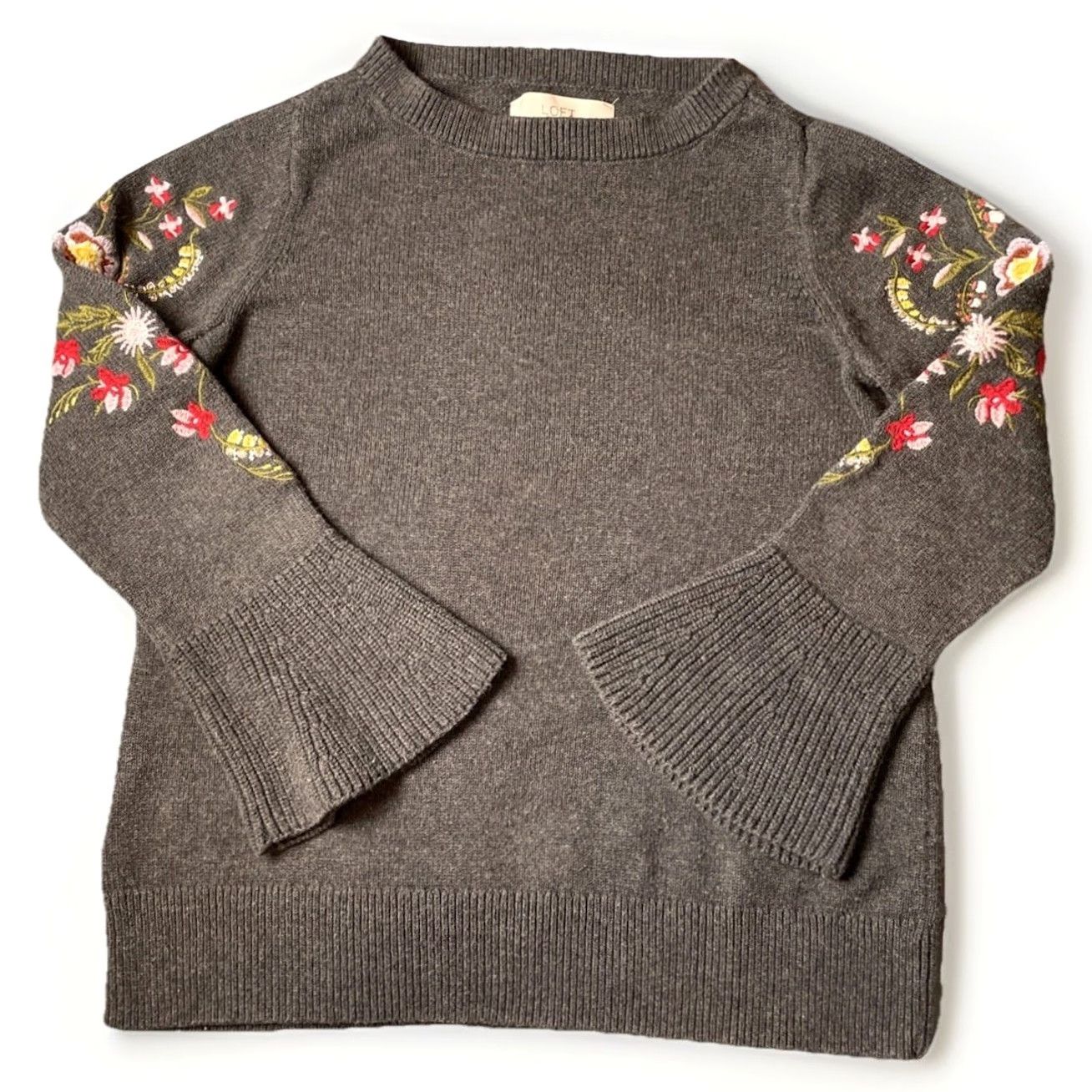 Loft VINTAGE LOFT Sweater PS Charcoal Bell Sleeve Crochet Embroidered Cotton Knit Pullover Ladies Size S / US 4 / IT 40 - 3 Thumbnail