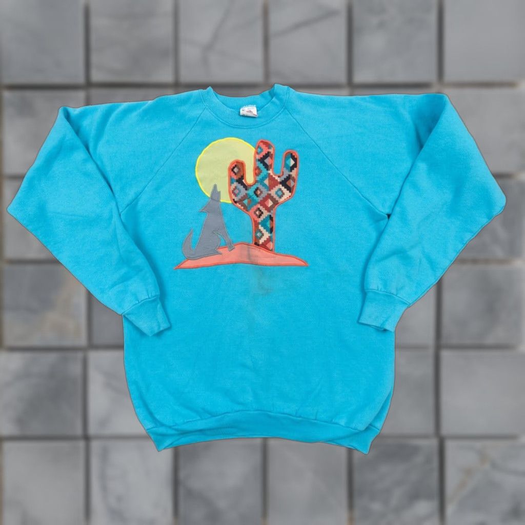 Fruit Of The Loom VINTAGE Fruit of the Loom Sweatshirt Men XL Southwest Crewneck Blue 90s Southwestern Embroidered Wolf Moon All Seasons Size US XL / EU 56 / 4 - 1 Thumbnail