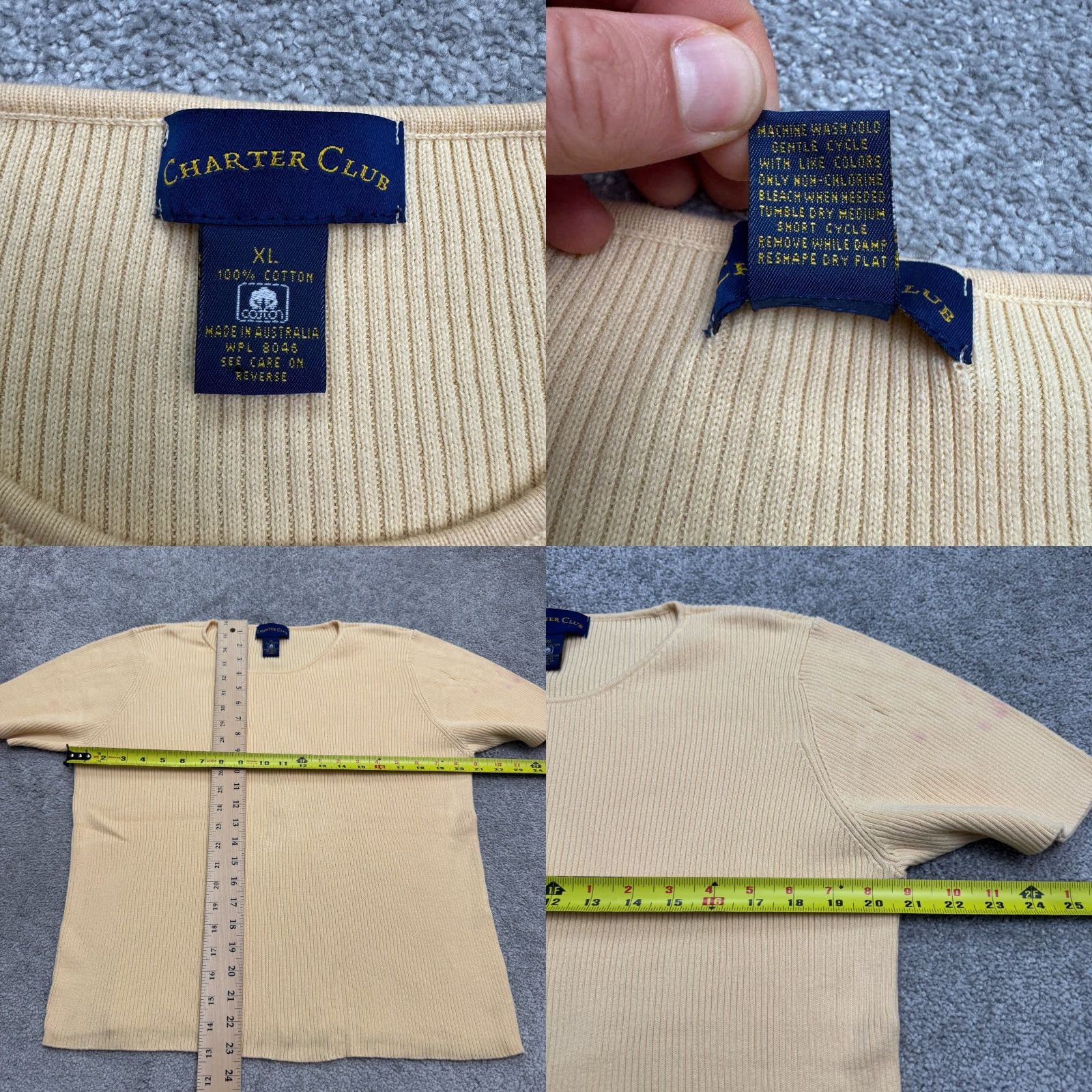 Charter Club VINTAGE Charter Club T-Shirt Women's XL Yellow Ribbed Knit Crew Neck Short Sleeve 90s Classic Logo Knit Top Women Size XL / US 12-14 / IT 48-50 - 8 Thumbnail