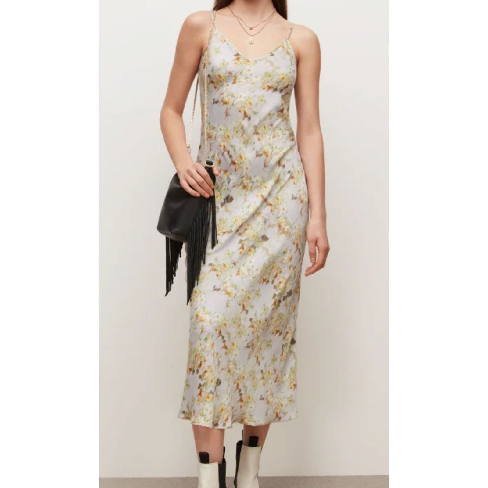 image of Allsaints All Saints Women's Midi Satin Yellow Floral Slip Dress 8 NWT (Size Medium)