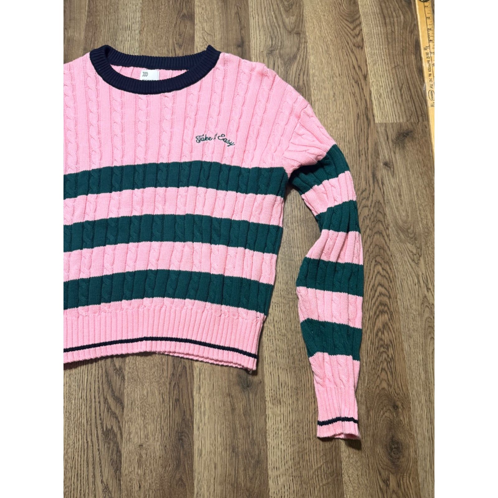 Vintage All in Motion Sweater Women's Medium Pink Blue Green Striped "Take it Easy" Size M / US 6-8 / IT 42-44 - 4 Thumbnail