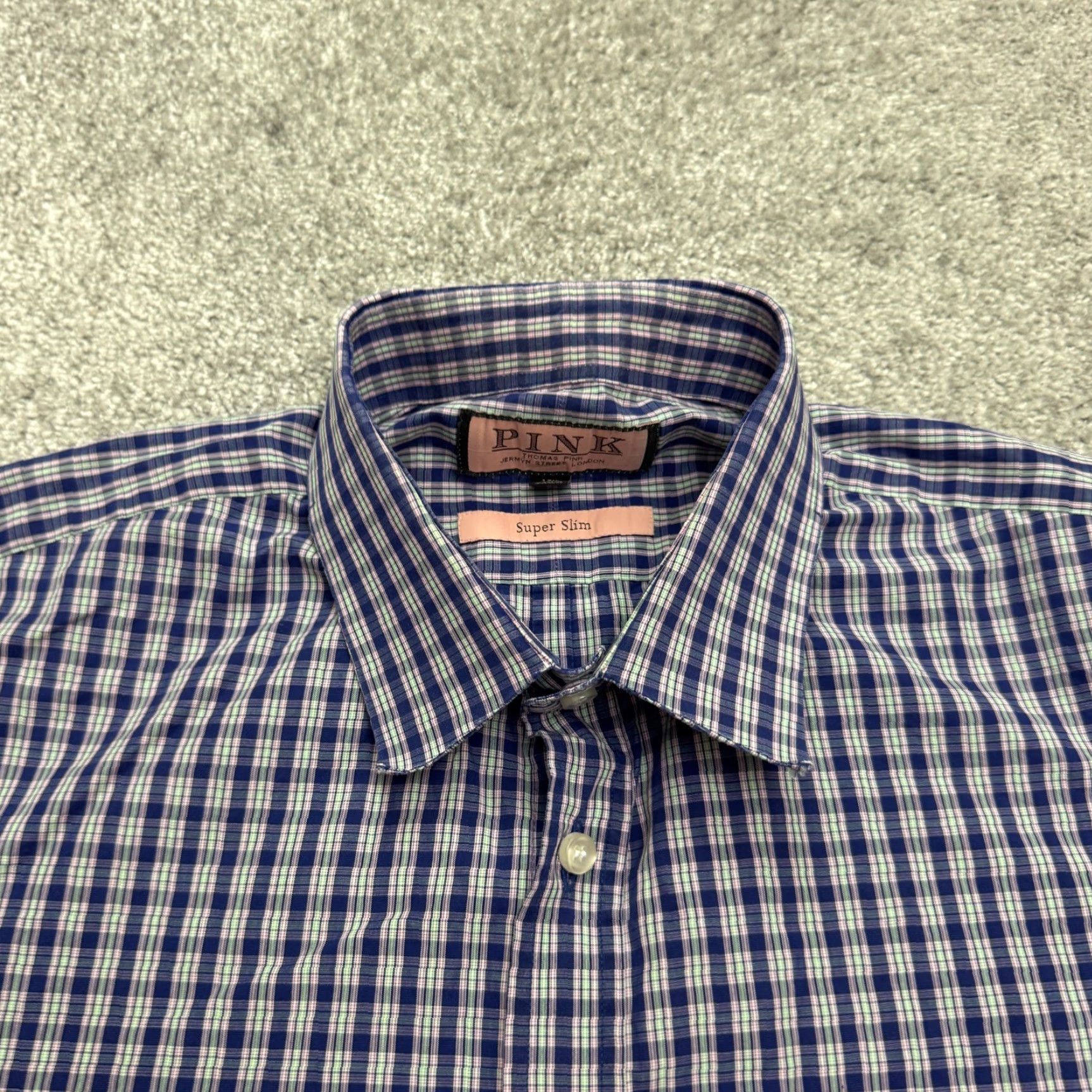 Pinko VINTAGE Thomas Pink Mens Dress Shirt Button-Up Slim Fit Long Sleeve Collared Cotton Plaid Blue Purple Green 44cm Size 44R - 3 Thumbnail
