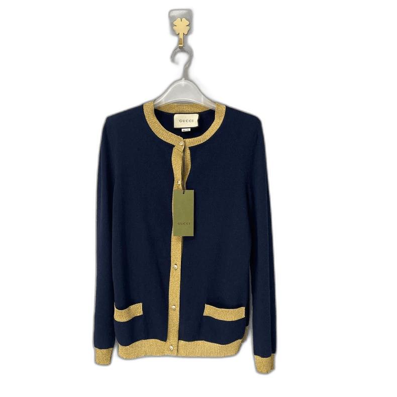 Gucci Gucci Navy Blue Knit Cardigan with Gold Trim Size US M / EU 48-50 / 2 - 1 Thumbnail