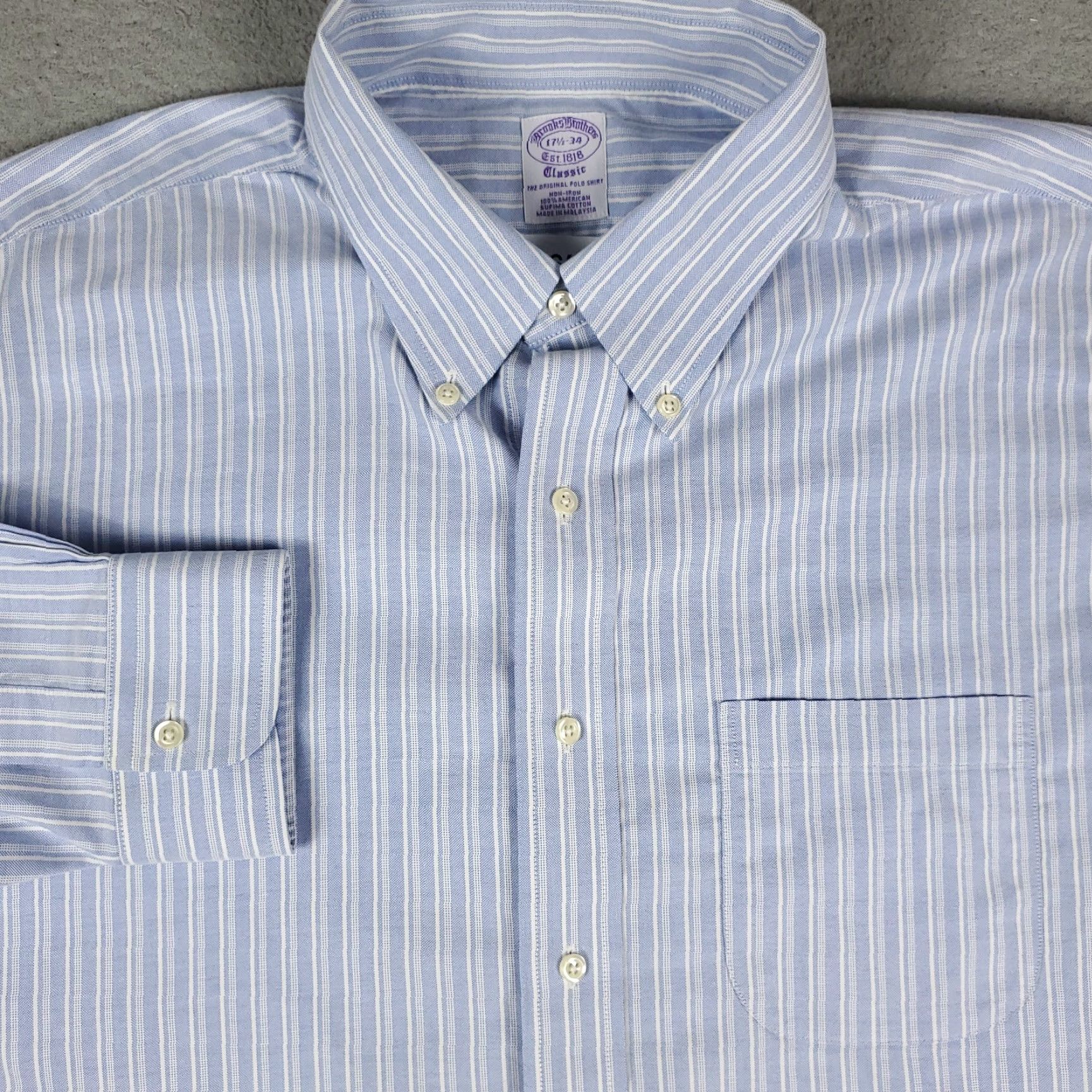 Brooks Brothers Brooks Brothers Dress Shirt Mens 17.5 Blue Striped Long Sleeve Button Down Shirt Size 48R - 2 Thumbnail