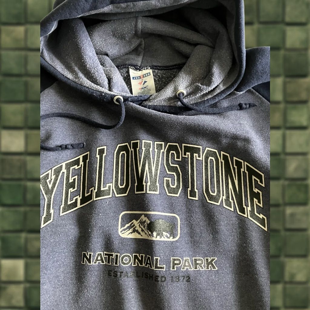 Jerzees Vintage Yellowstone National Park Hoodie Sweatshirt Mens XL Blue Two Tone Hooded Pullover Fleece Graphic Size US XL / EU 56 / 4 - 1 Thumbnail