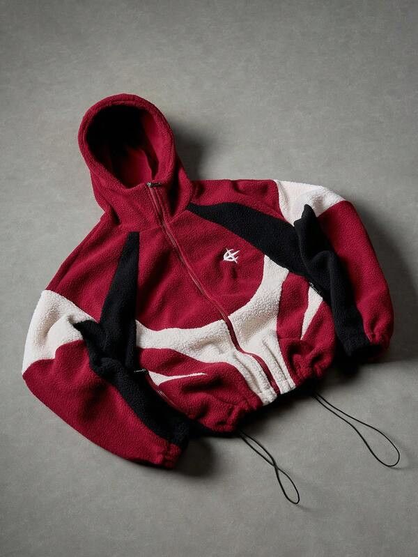 Japanese Brand Red & White Panel Fleece Zip Up Hoodie. Size US L / EU 52-54 / 3 - 2 Thumbnail