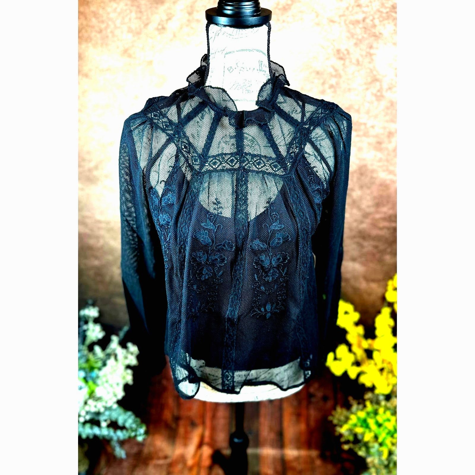 Other St Roche Lace Embroidered Ruffle Neck Flores Top Black 2 Size XS / US 0-2 / IT 36-38 - 5 Thumbnail
