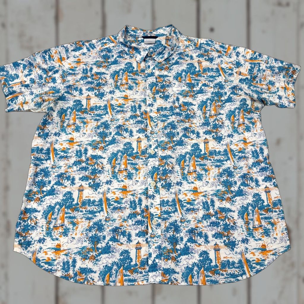 Nautica Columbia Shirt Mens 2XL Blue Nautical Sailboat Lighthouse Short Sleeve Button Up Size US XXL / EU 58 / 5 - 1 Thumbnail