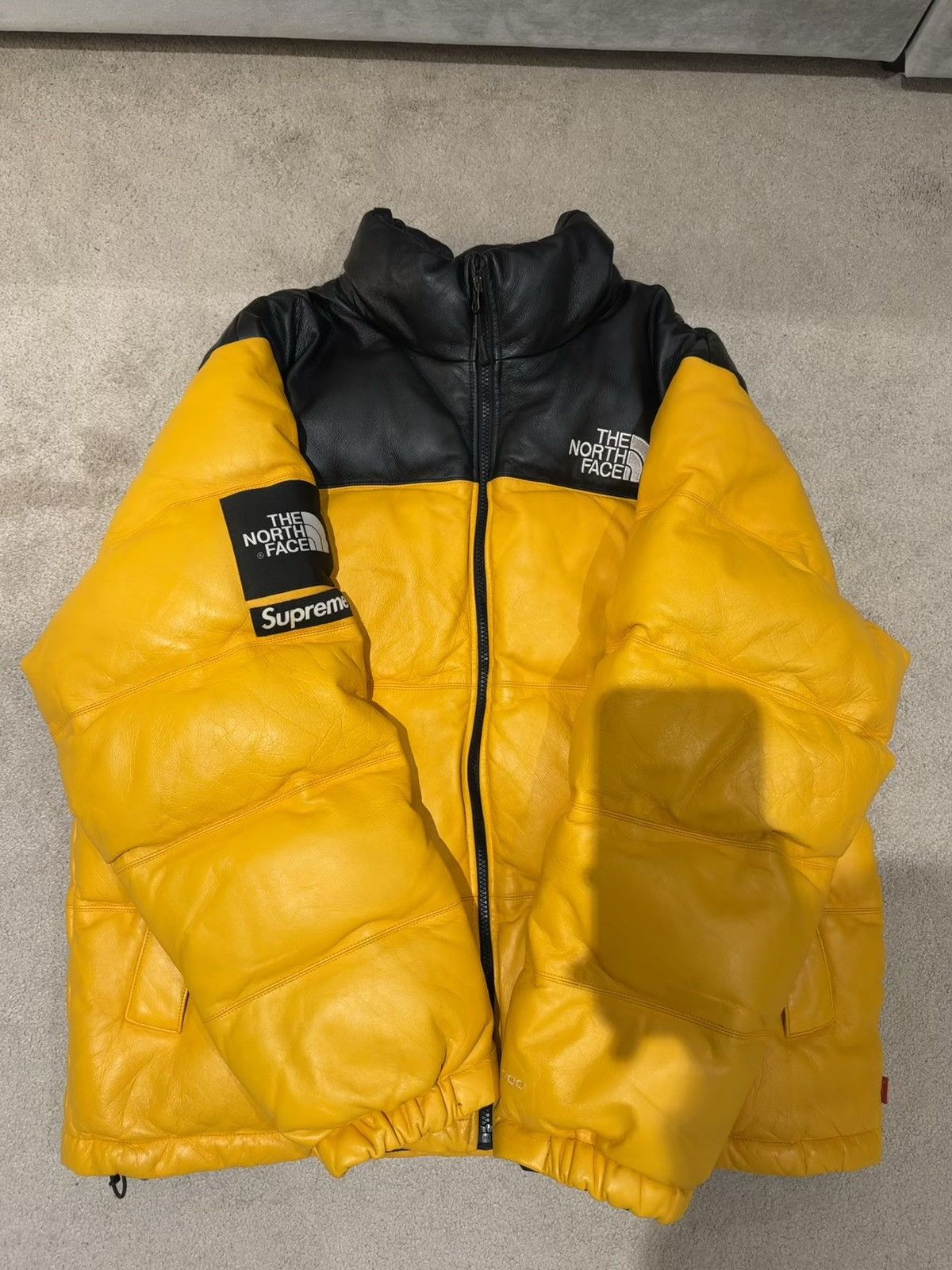 Supreme the north face leather nuptse jacket yellow online