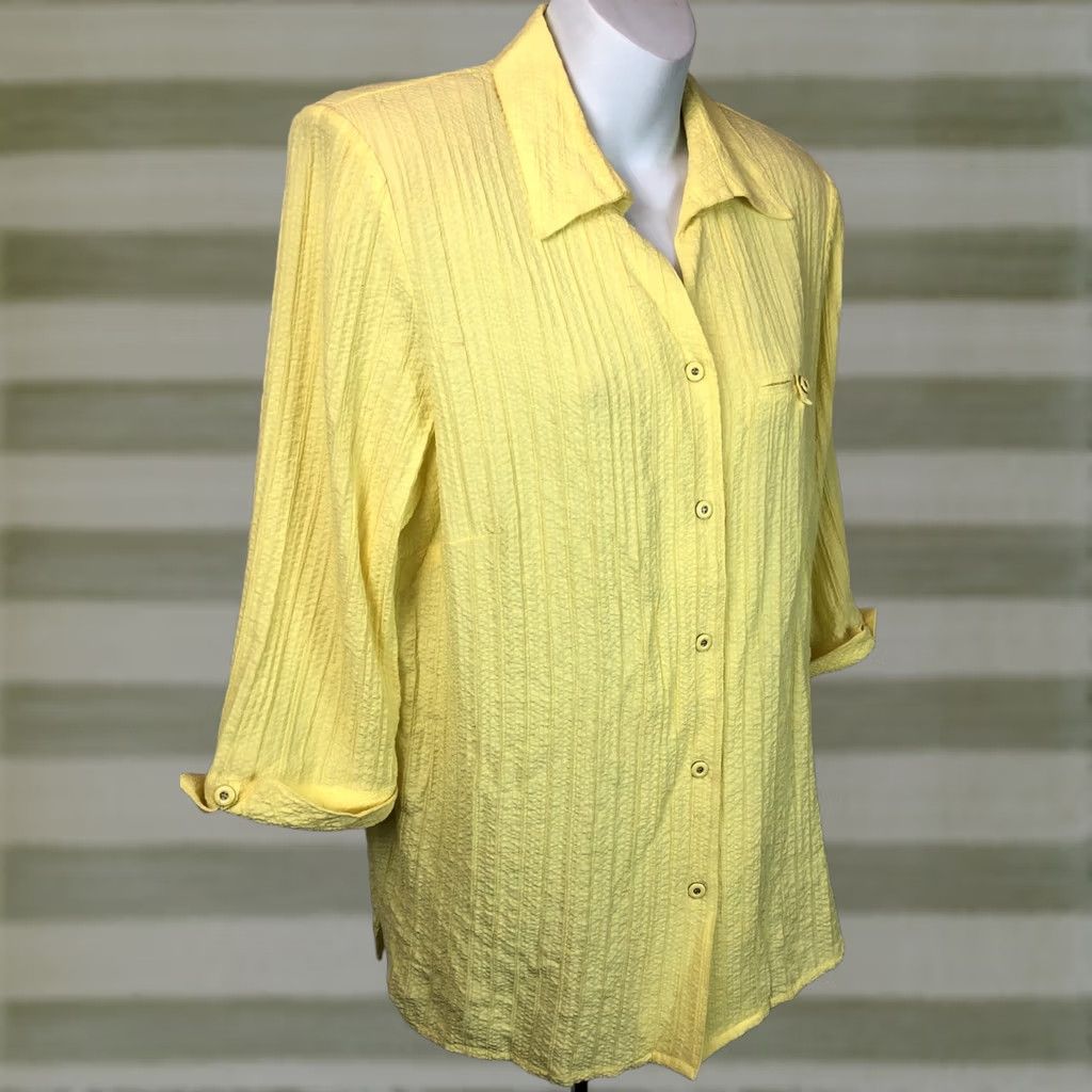 Vintage Allison Daley Gauzy Top Blouse 8 Yellow 3/4 Sleeve Button Up Collar Pocket Size M / US 6-8 / IT 42-44 - 1 Thumbnail