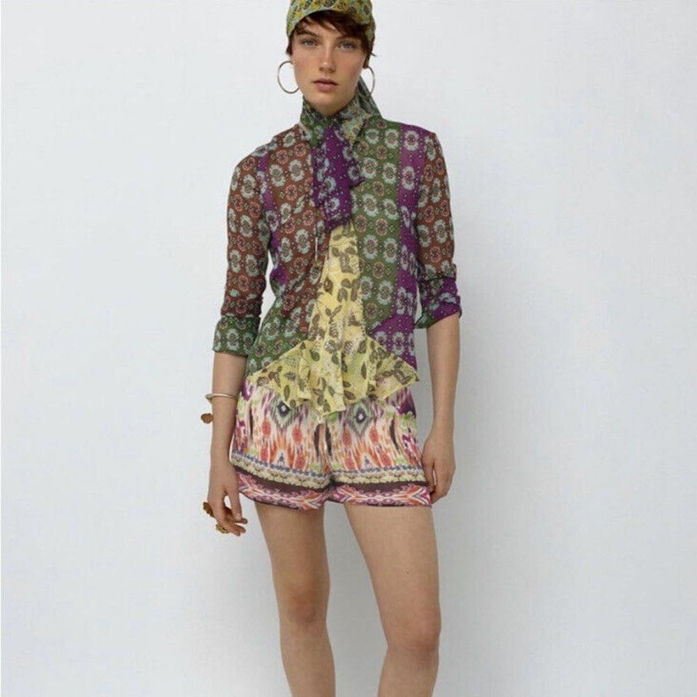 Zara NWT New ZARA Studio Zodiac Printed Shirt With Tie Size XS Size XS / US 0-2 / IT 36-38 - 1 Thumbnail