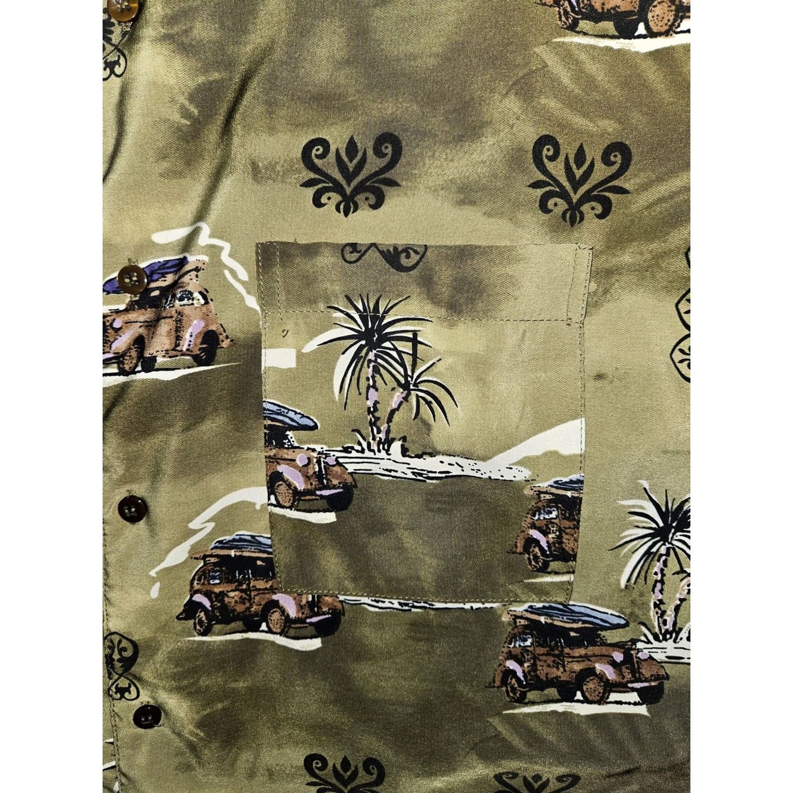 Vintage Box Office Island Shirt Mens Large Green Purple Hawaiian Surf Car Aloha Print Size US L / EU 52-54 / 3 - 6 Thumbnail