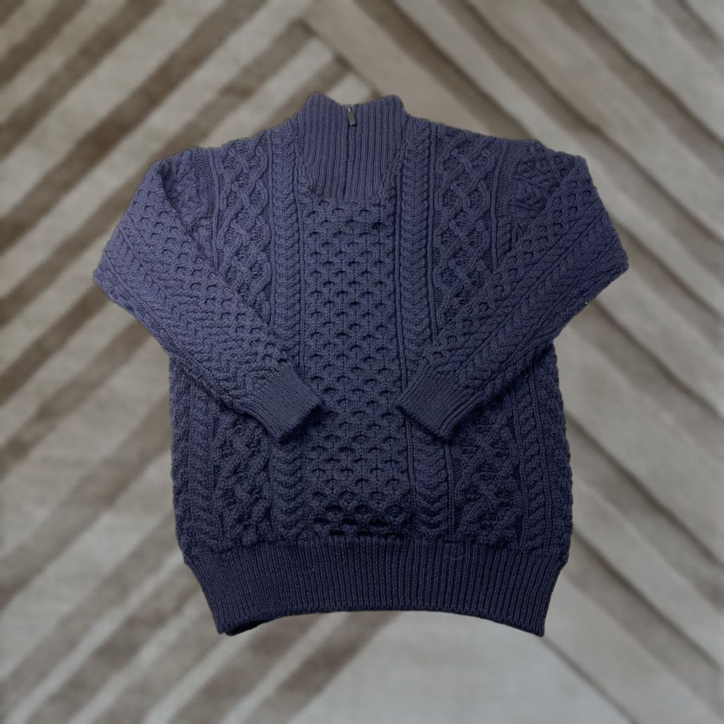 Market Aran Sweater Market Sweater Cardigan 1/4 Zip Navy XL Wool Cable Knit Mock Neck Men Size US XL / EU 56 / 4 - 1 Thumbnail