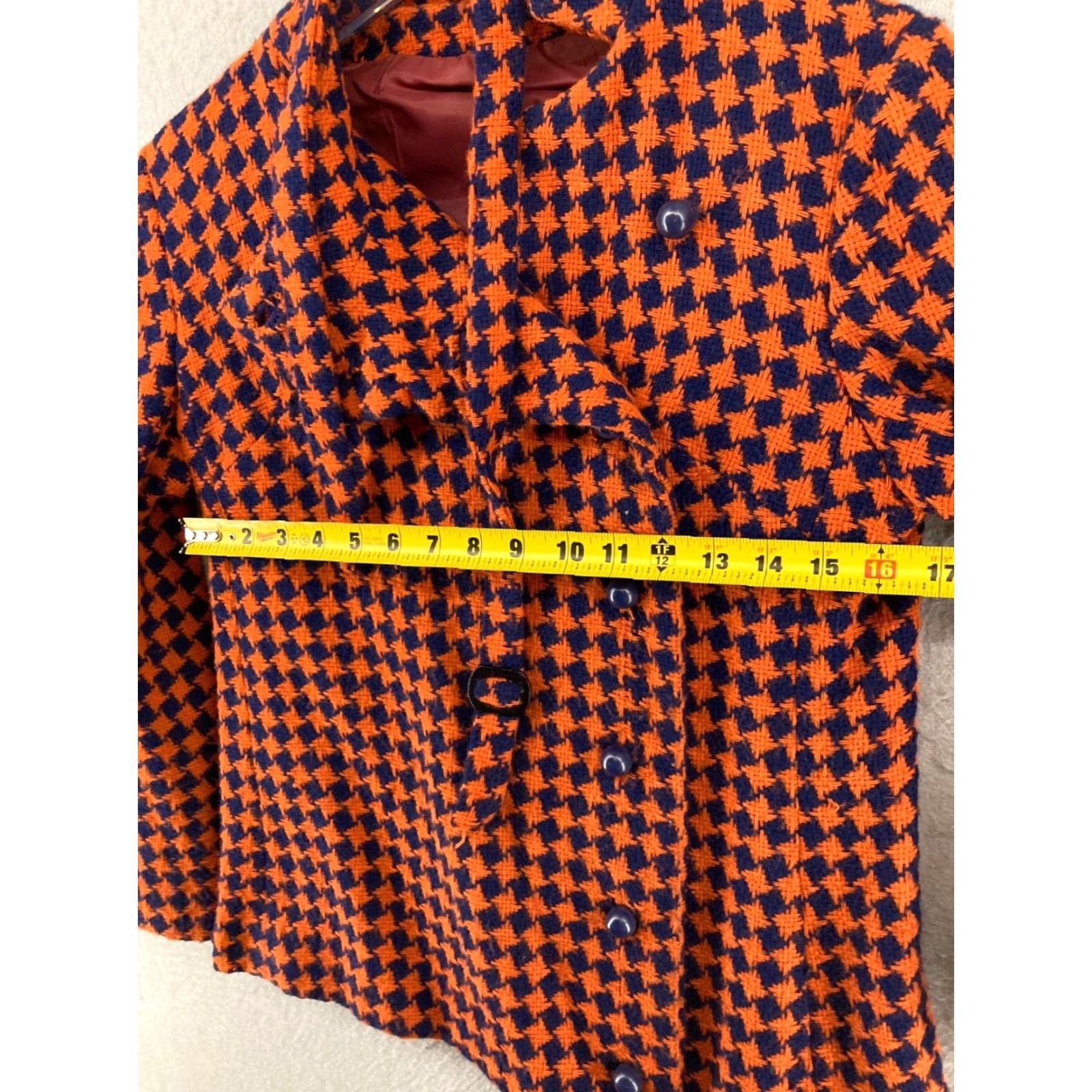 Vintage 60s Jacket Wool Knit Orange and Black Houndstooth Womens Medium Size M / US 6-8 / IT 42-44 - 2 Thumbnail