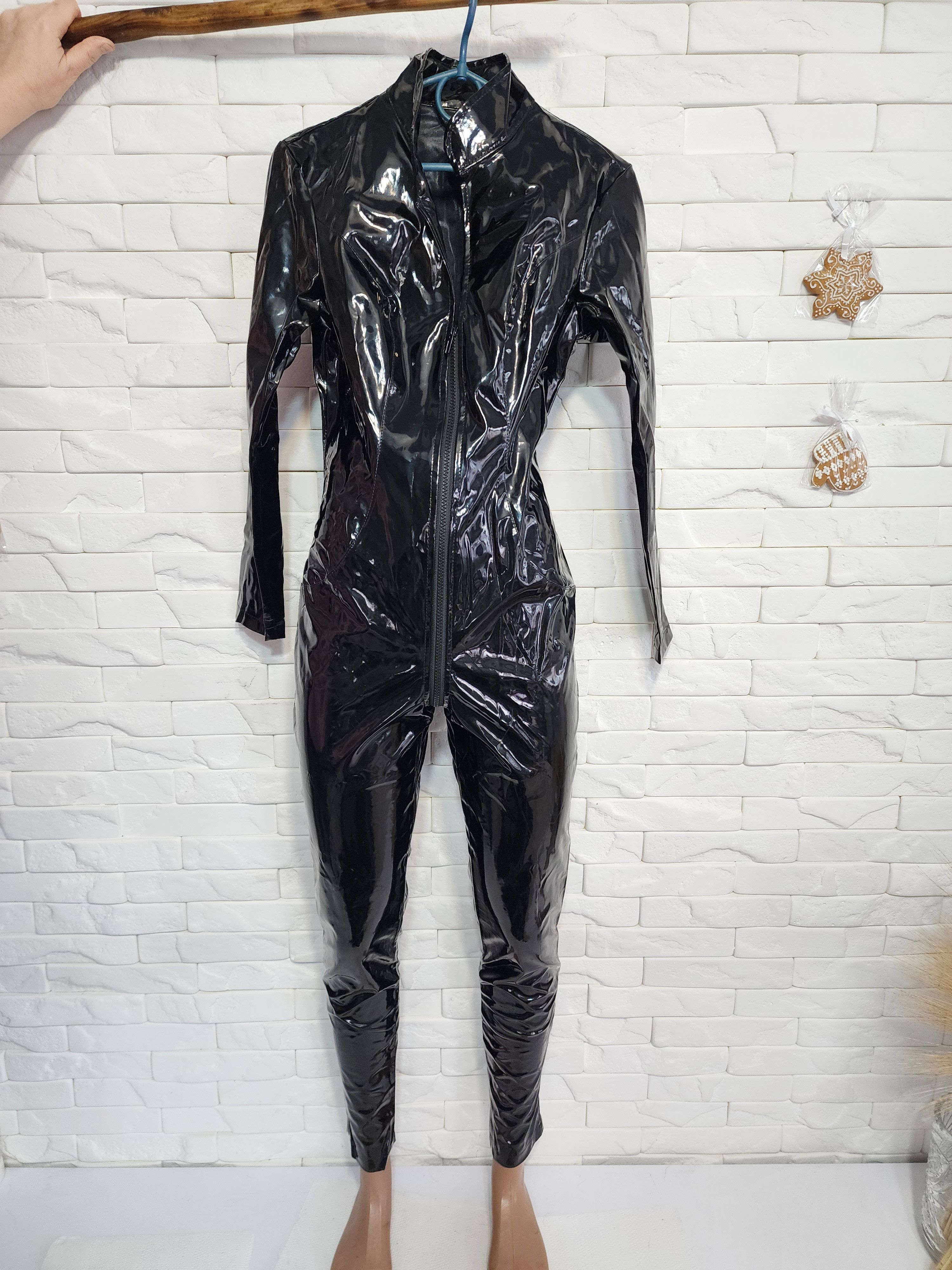 Uniqlo Faux Leather Jumpsuit: Women's Black Zippered Catsuit Size 28" / US 6 / IT 42 - 1 Thumbnail