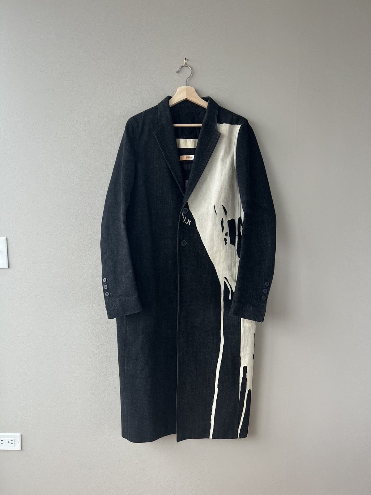 image of Rick Owens Fw16 Mastodon Vomit Moreau Denim Coat in Black Splash, Men's (Size Medium)