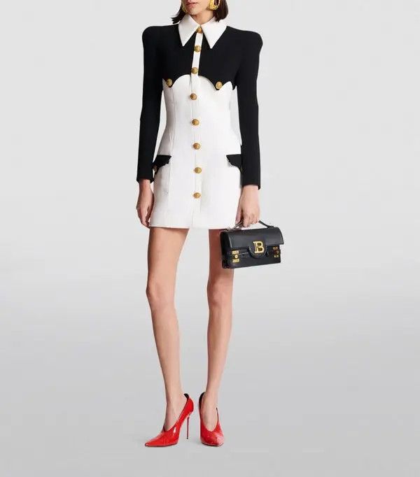 Balmain o1s1wg110825 Wool Crepe Mini Dress in White/Black Size XL / US 12-14 / IT 48-50 - 6 Thumbnail