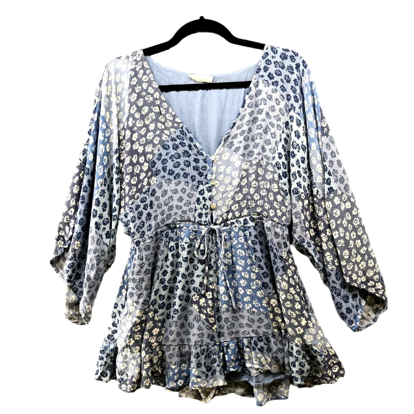 Vintage Illa Illa Romper Womens L Blue Floral Boho Ruffle Hem V-neck Short Sleeve Size 36" / US 14 / IT 50 - 2 Thumbnail