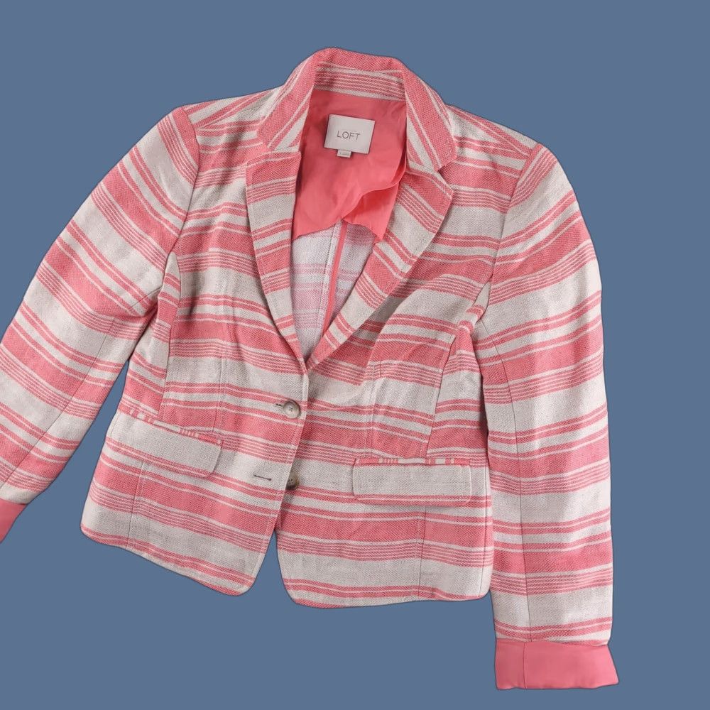 Ann Taylor Ann Taylor LOFT jacket Womens Size 2 Linen Blend Blazer Beige Stripe Pink Mango Bluff Beige Linen Blend Striped Jacket Women's Size 2 Size XS / US 0-2 / IT 36-38 - 1 Thumbnail