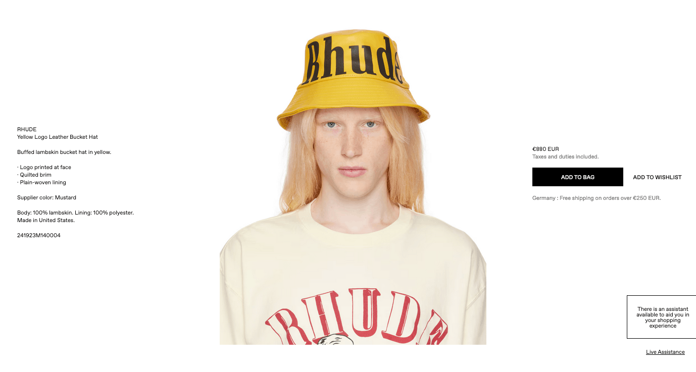 image of Rhude Yellow Leather Bucket Hat in Mustard, Men's