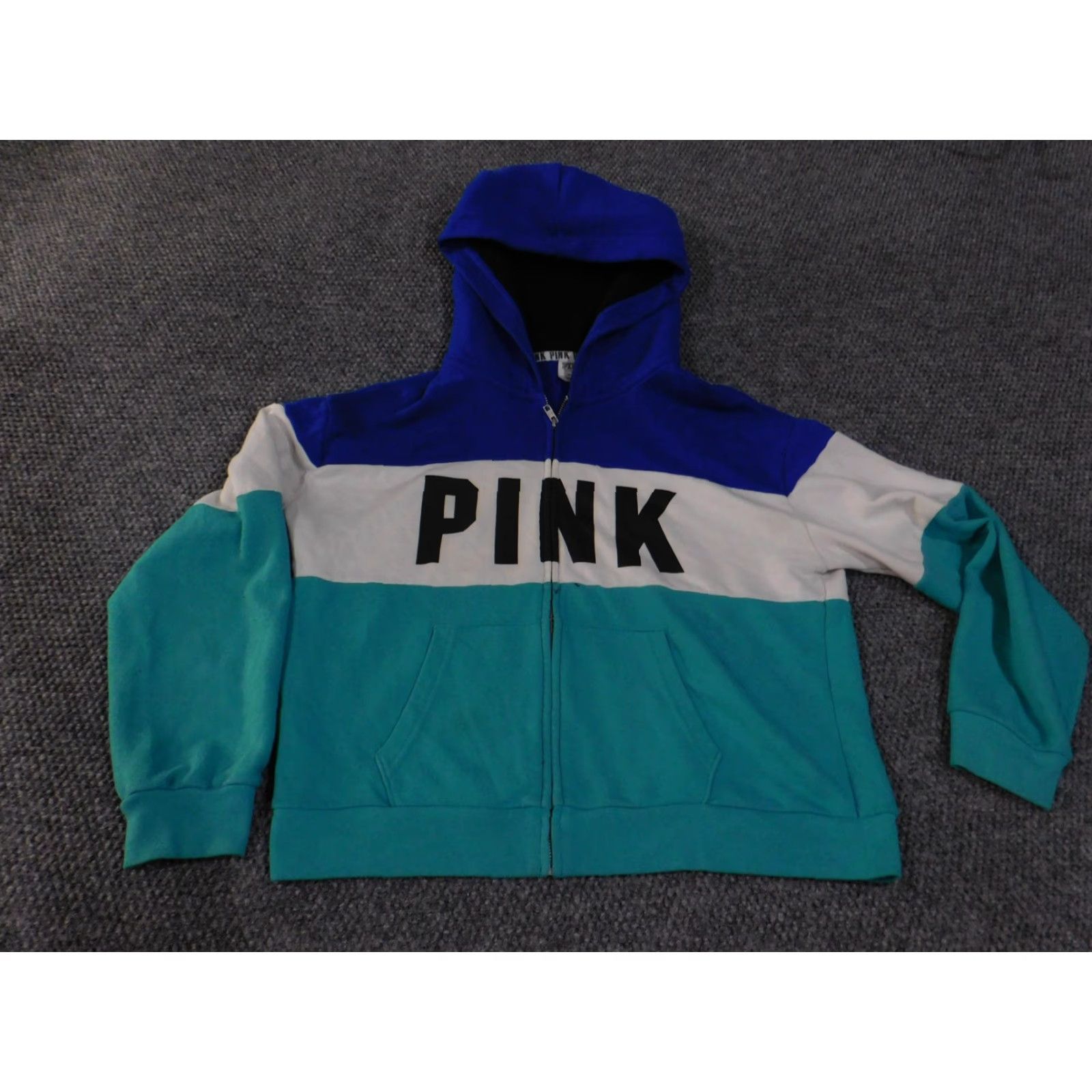 Pinko PINK Victoria's Secret Hoodie Womens Medium Blue White Teal Full Zip Colorblock Size M / US 6-8 / IT 42-44 - 4 Thumbnail