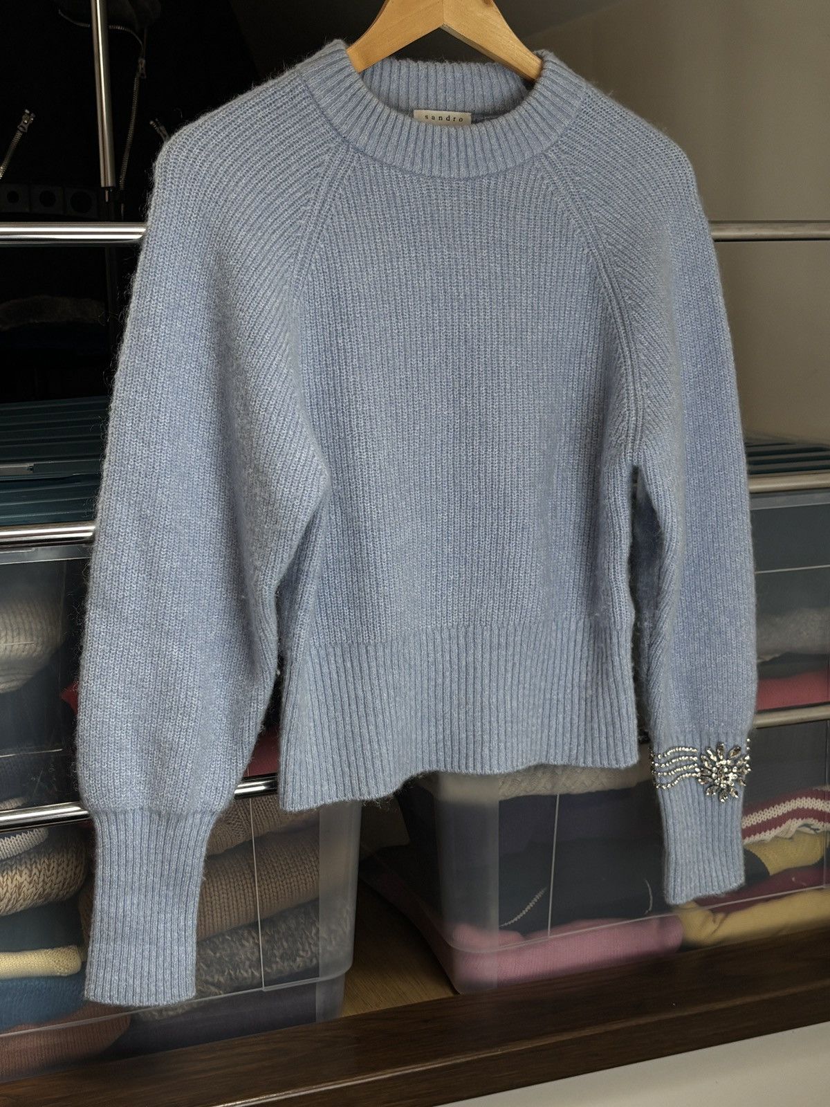 Sandro Sandro Paris Baby Blue Knit Wool Mohair Jewellery Sweater Size US S / EU 44-46 / 1 - 2 Thumbnail