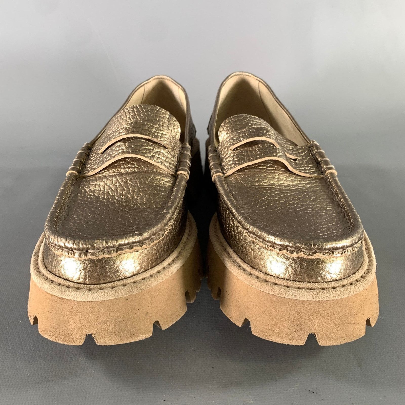 Pedro Garcia PEDRO GARCIA Gold Tan Metallic Pebble Grain Loafer Flats Size US 8 / IT 38 - 4 Thumbnail