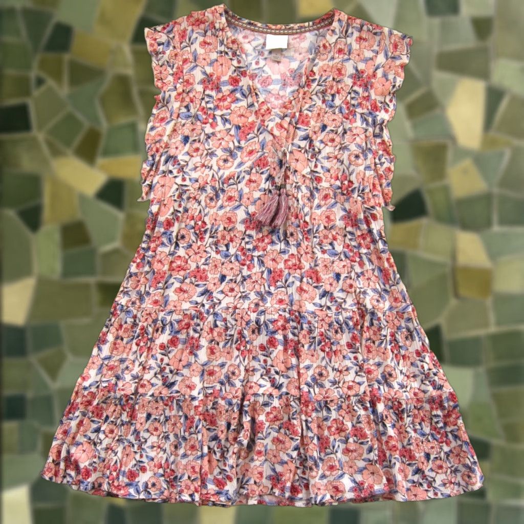 Vintage Knox Rose Pink Blue White Floral Cap Ruffle Sleeve V-Neck Smock Dress Small Size S / US 4 / IT 40 - 1 Thumbnail