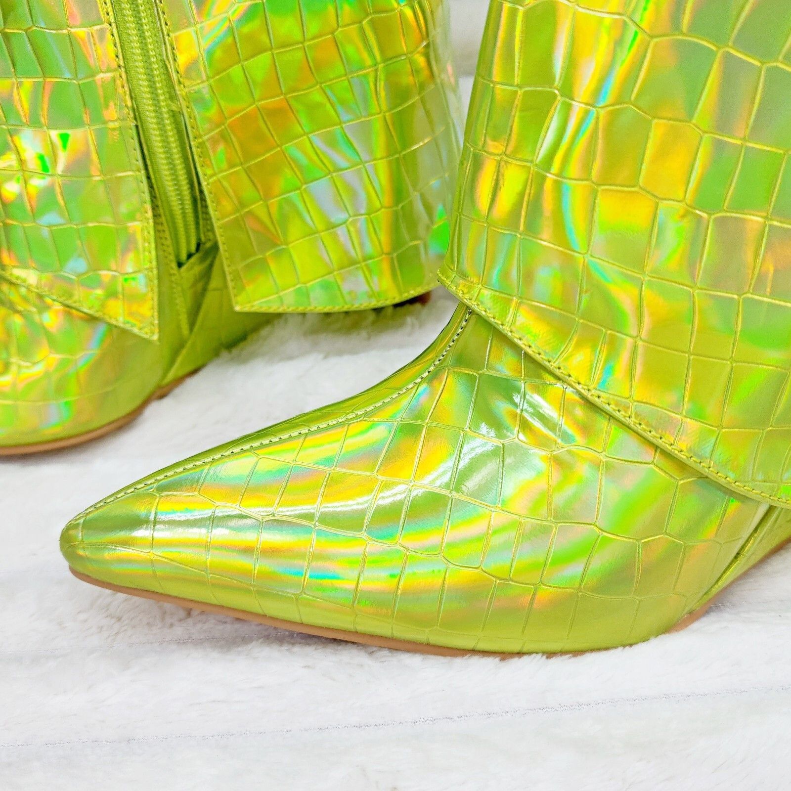 Other Vision Lime Yellow Hologram Wedge Heel Fold Over Skirted Ank Size US 8.5 / IT 38.5 - 3 Thumbnail