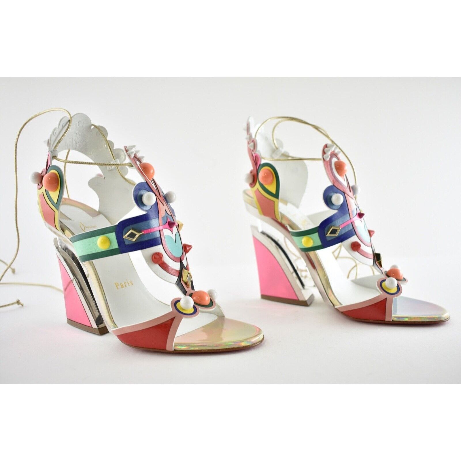 Christian Louboutin Papagaya Levita 100 Multicolor Lace Up Wedge Sandal Heel 37 Size US 7 / IT 37 - 5 Thumbnail