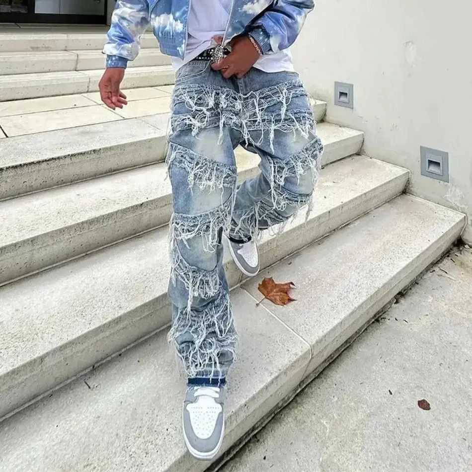 Japanese Brand High Street Loose Male Stacked Spliced Straight Denim Pants Size US 32 / EU 48 - 4 Thumbnail