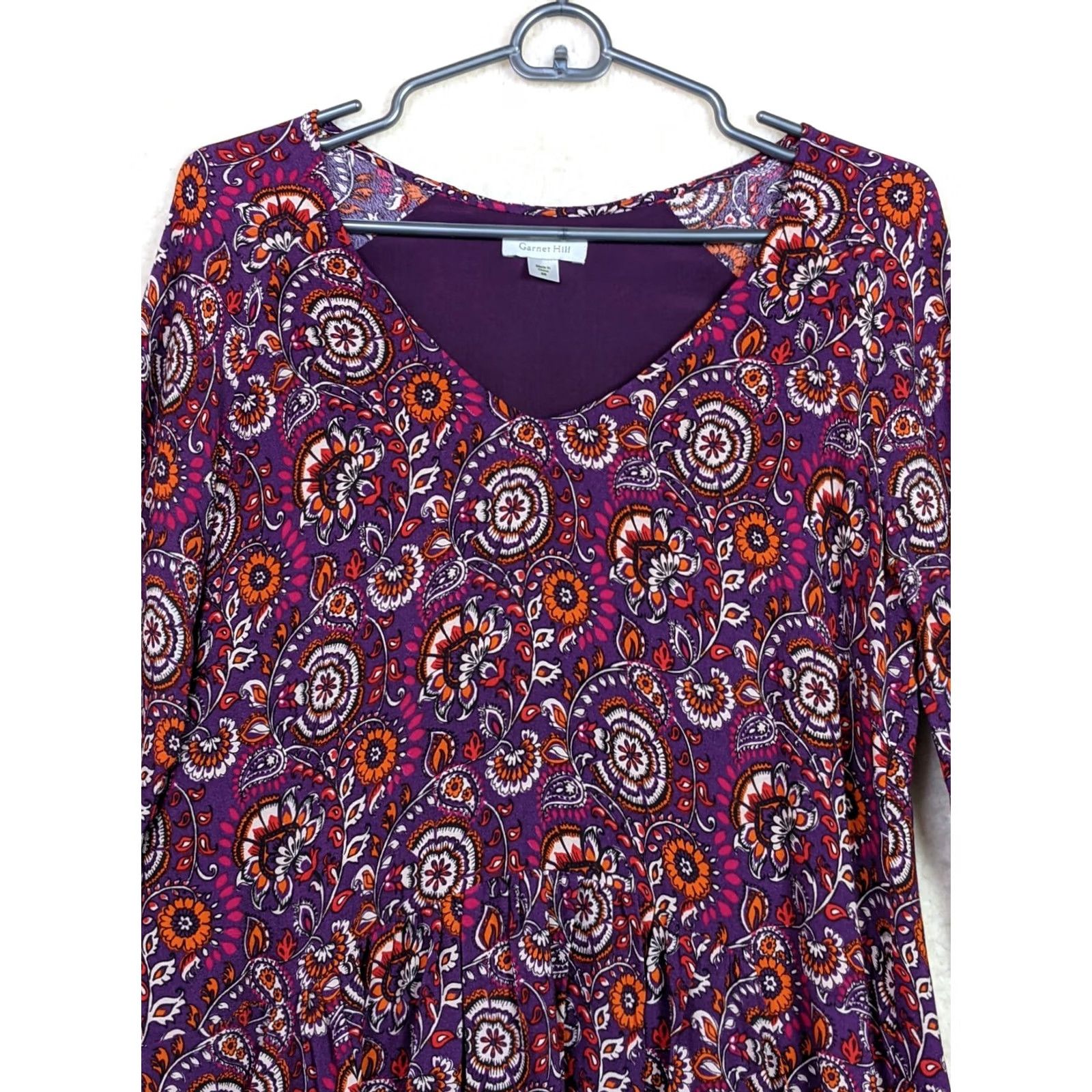 Vintage Garnet Hill Dress Bohemian Purple Floral V-neck 3/4 Sleeve Lined Pockets Sz 6 Womens Dress Size M / US 6-8 / IT 42-44 - 4 Thumbnail