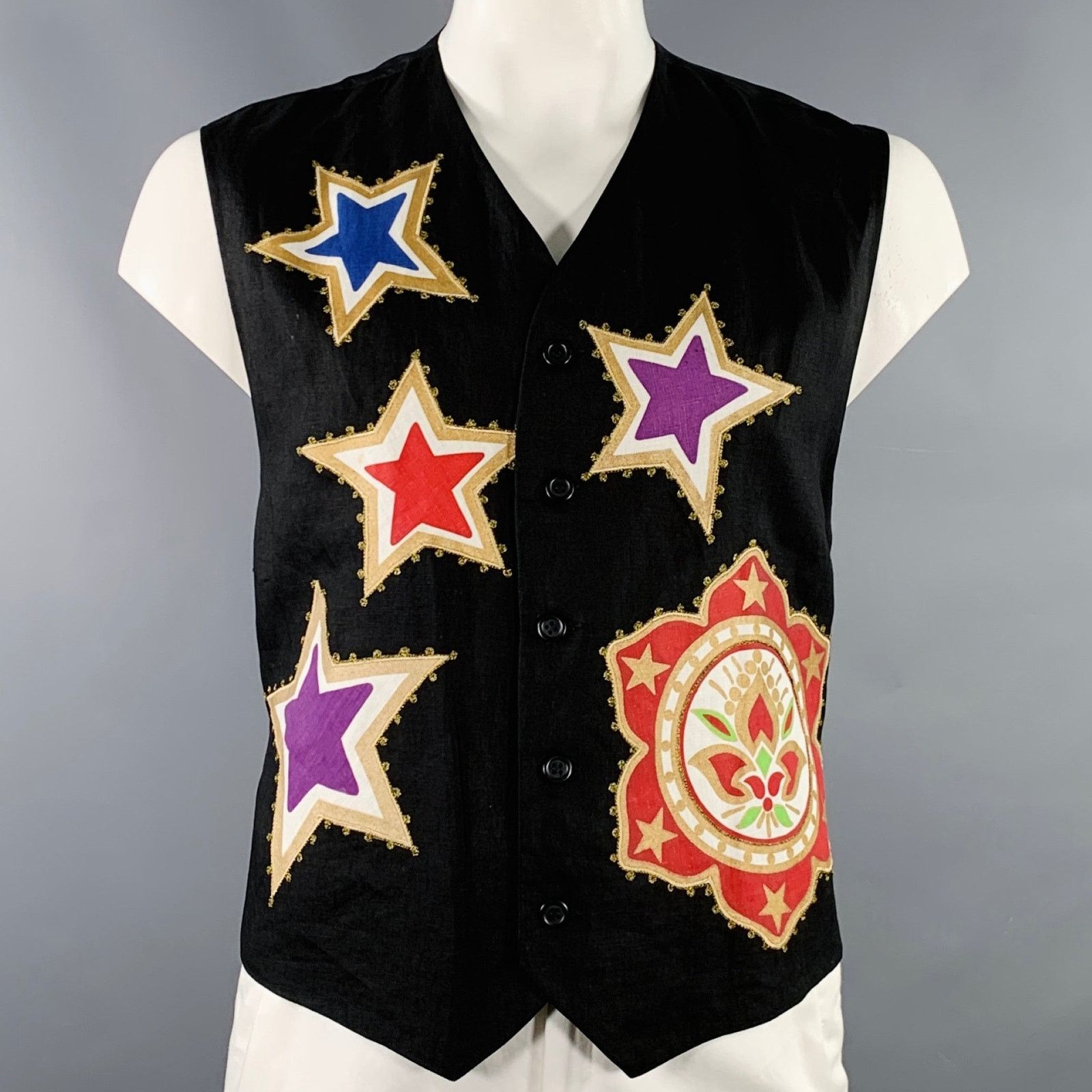 Byblos BYBLOS Size 42 Black Multi Color Stars Linen V-Neck Vest Size US L / EU 52-54 / 3 - 1 Thumbnail