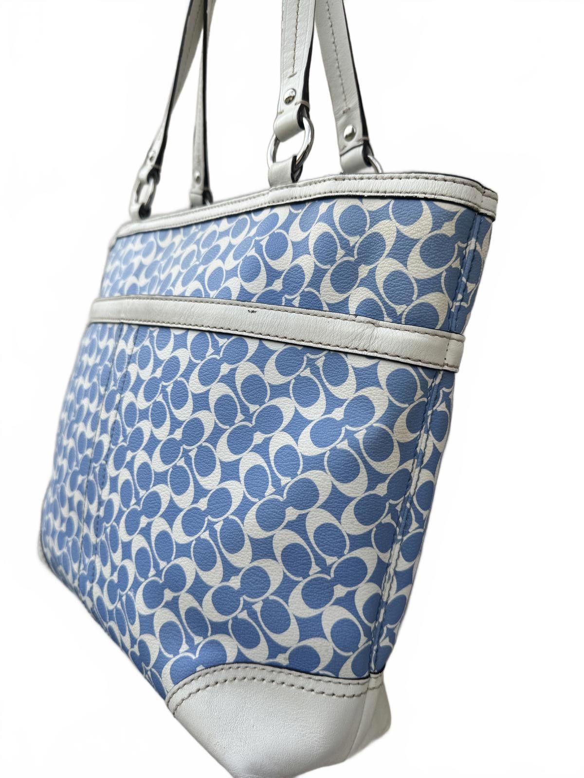 Coach Coach Signature Blue White Tote Bag Jacquard Canvas Leather Size ONE SIZE - 6 Thumbnail