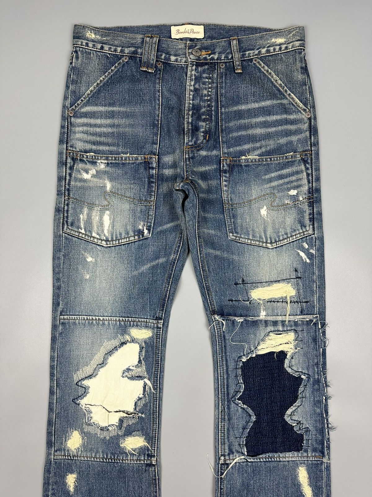If Six Was Nine × Le Grande Bleu (L.G.B.) Distressed Bonds & Peace Boro Sashiko Flared Denim Size US 31 - 5 Thumbnail