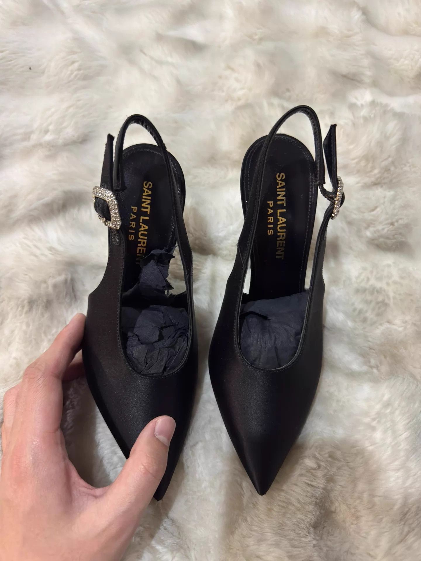 Saint Laurent Paris SLP Blk Crystal Satin Heels 35 New w/ Box & Dust Bag Size US 4.5 / IT 34.5 - 6 Thumbnail