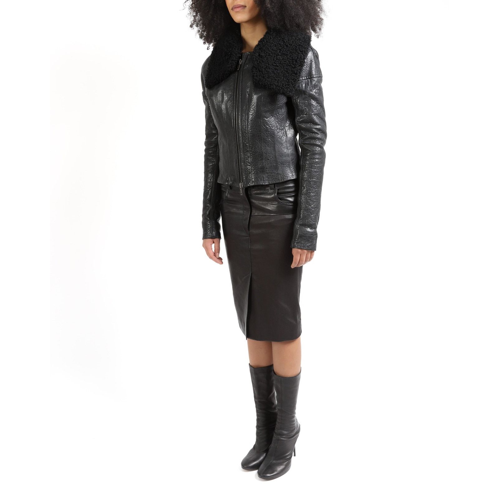 Haider Ackermann FW13 Tailored Waist Shearling Jacket in Black Leather Size XS / US 0-2 / IT 36-38 - 2 Thumbnail