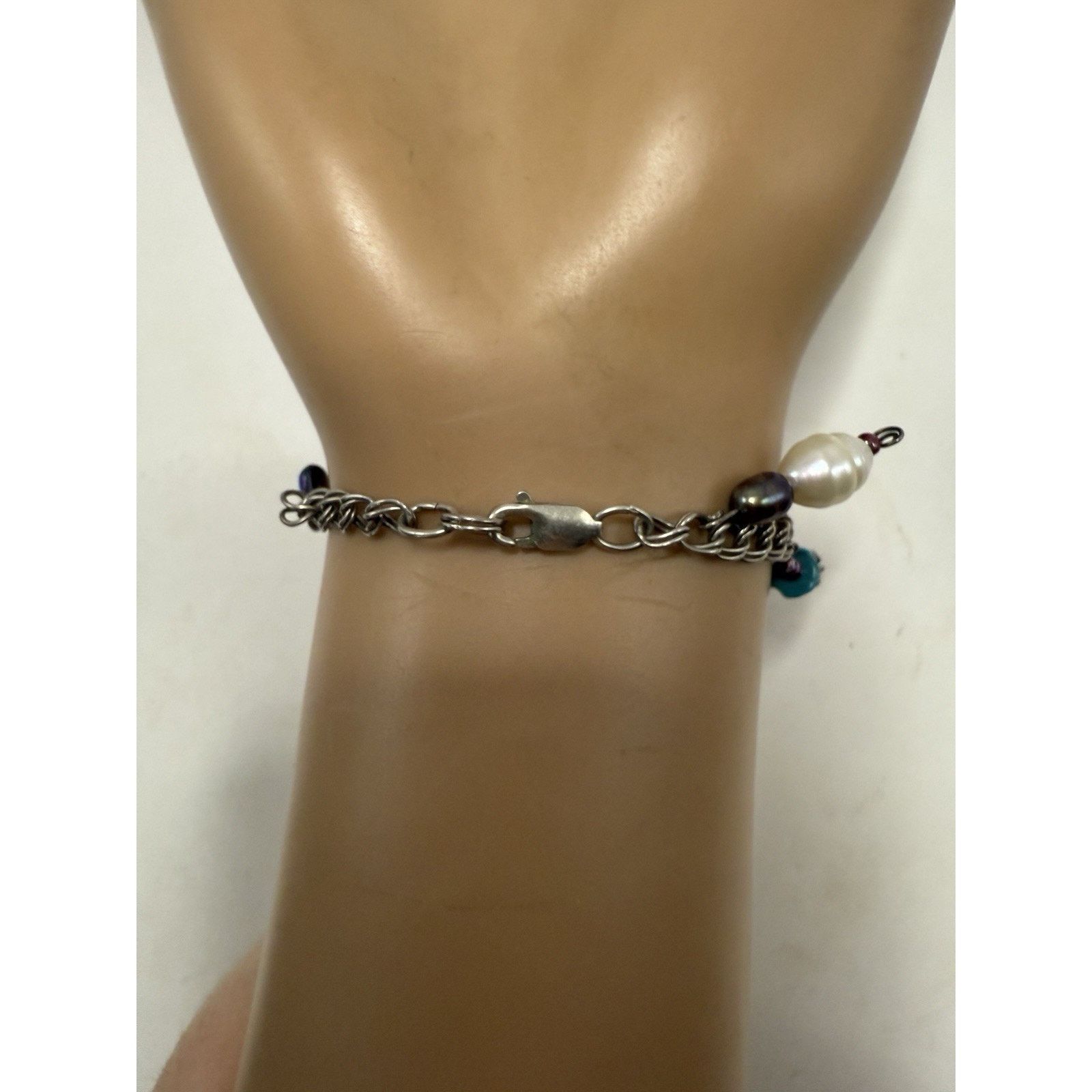 Sterling Silver Signed 925 Sterling Silver Charm & Beaded Bracelet 6.75” Size ONE SIZE - 10 Thumbnail
