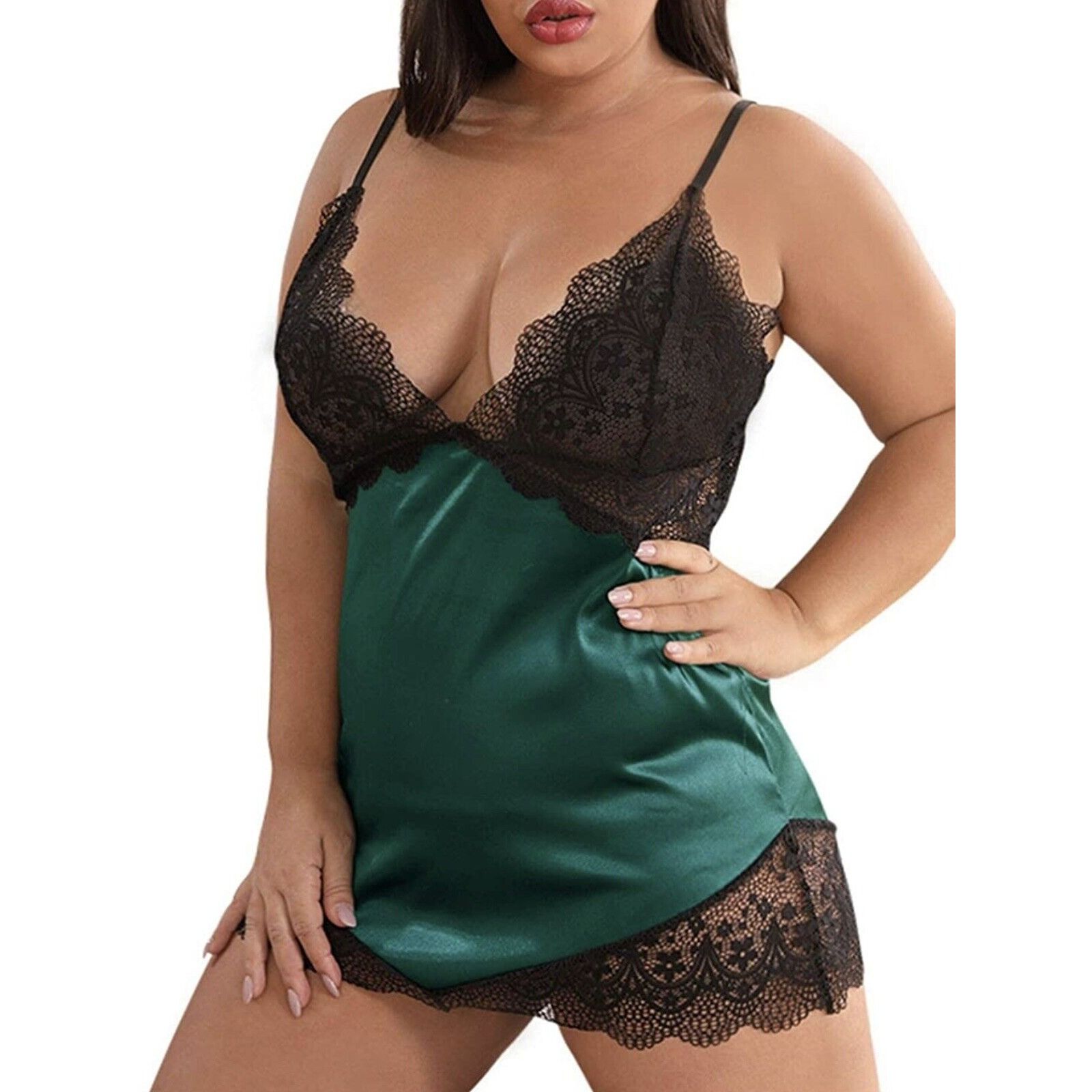 Other Women Plus Size V Neck Lace Satin Lingerie Babydoll Silky Ch Size ONE SIZE - 1 Thumbnail