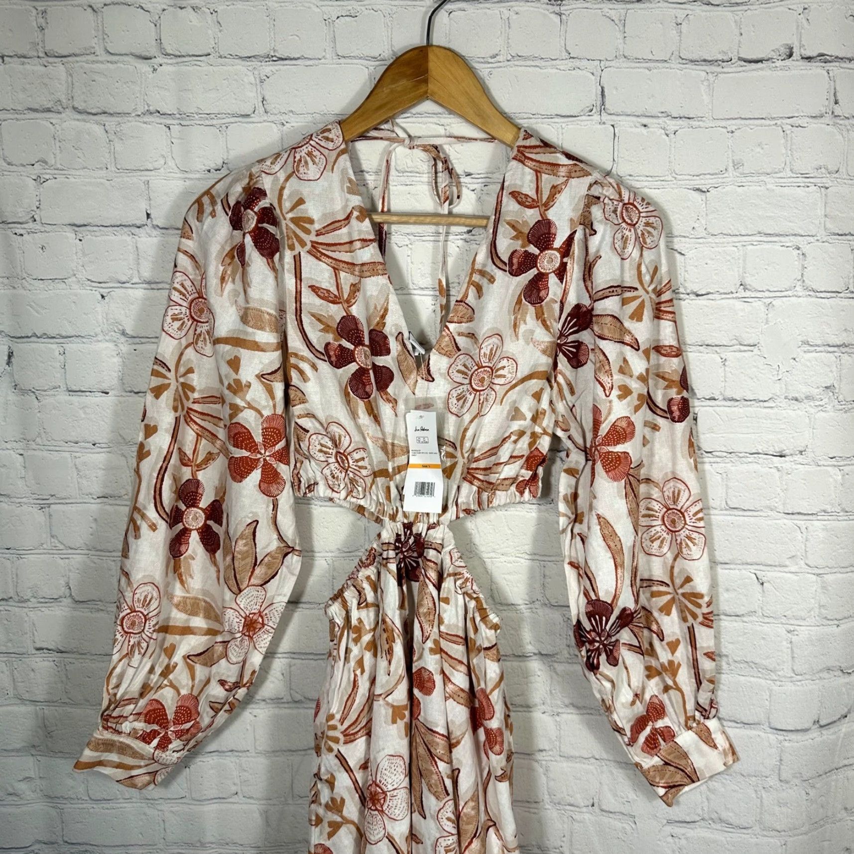 Sam Edelman Sam Edelman Mini Dress Floral Stamp White Sand V-Neck Balloon Sleeve Cut Out Backless Open Back Tie Short Dress S Multicolor Womens Small NWT Size S / US 4 / IT 40 - 2 Thumbnail