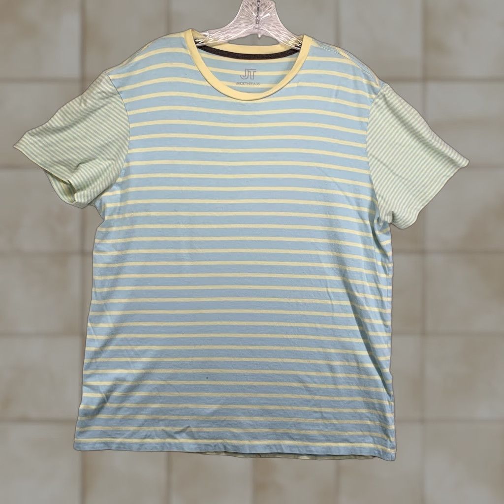 Vintage JACK THREADS Men's T-Shirt Large Striped Blue Yellow 80s Punk USA Size US L / EU 52-54 / 3 - 1 Thumbnail