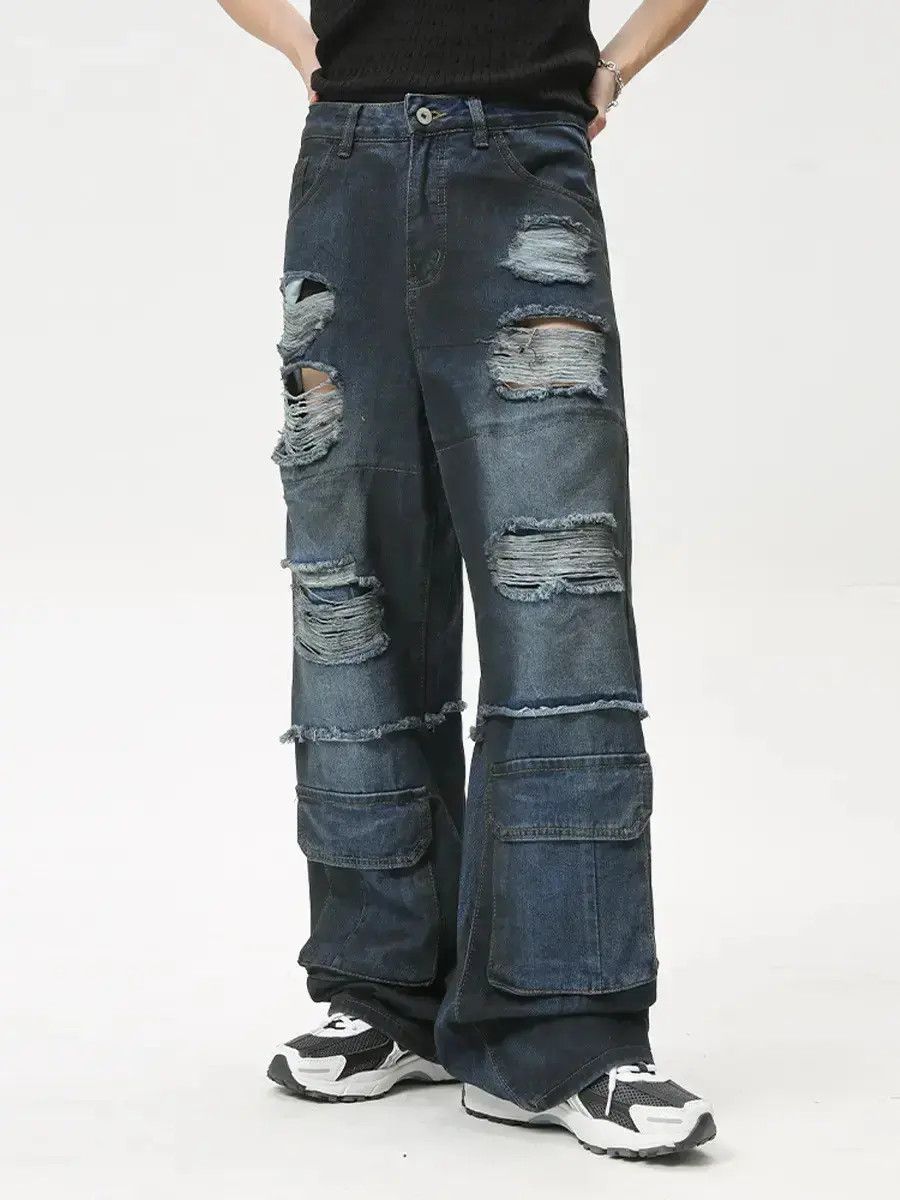 Japanese Brand Retro loose straight pocket ripped jeans Size US 32 / EU 48 - 1 Thumbnail