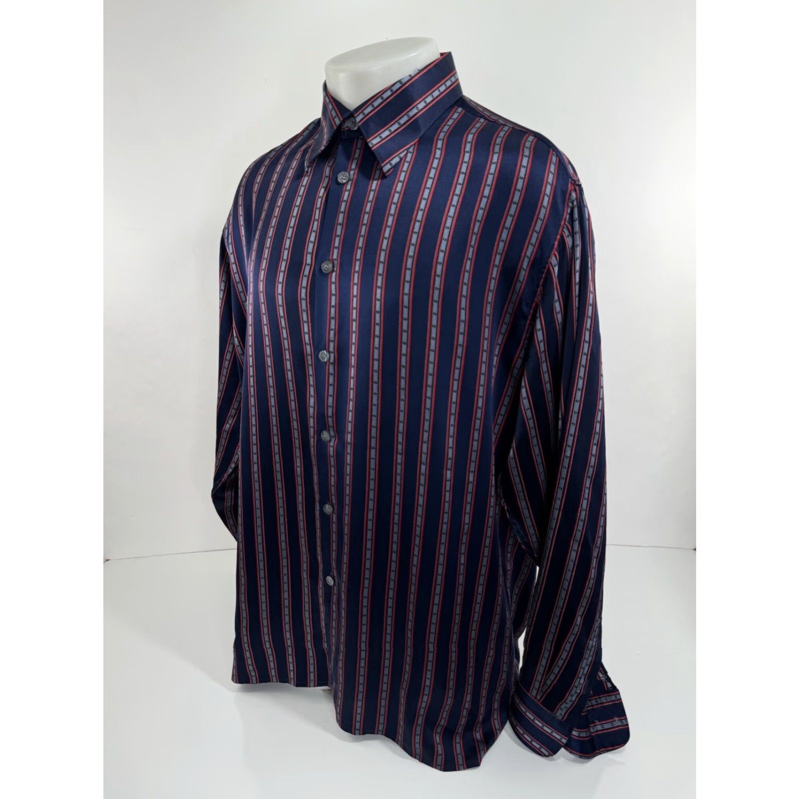 Vintage BERNINI SILK Striped Shirt 2XL Mens XL / XXL Button-Up Long Sleeve Blue Red Geometric EXCELLENT Size US XXL / EU 58 / 5 - 3 Thumbnail