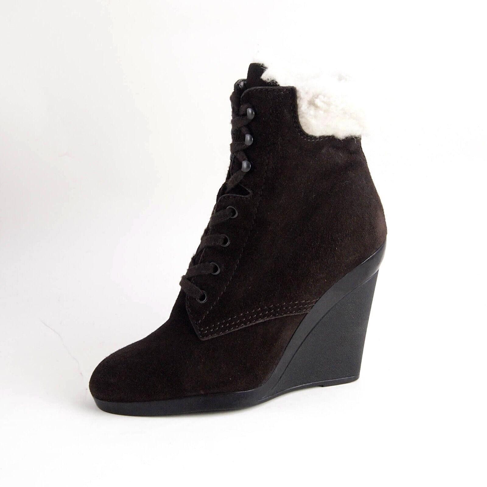Hogan Wedge Ankle Boots Brown Suede Fur Trim US 7 EU 37