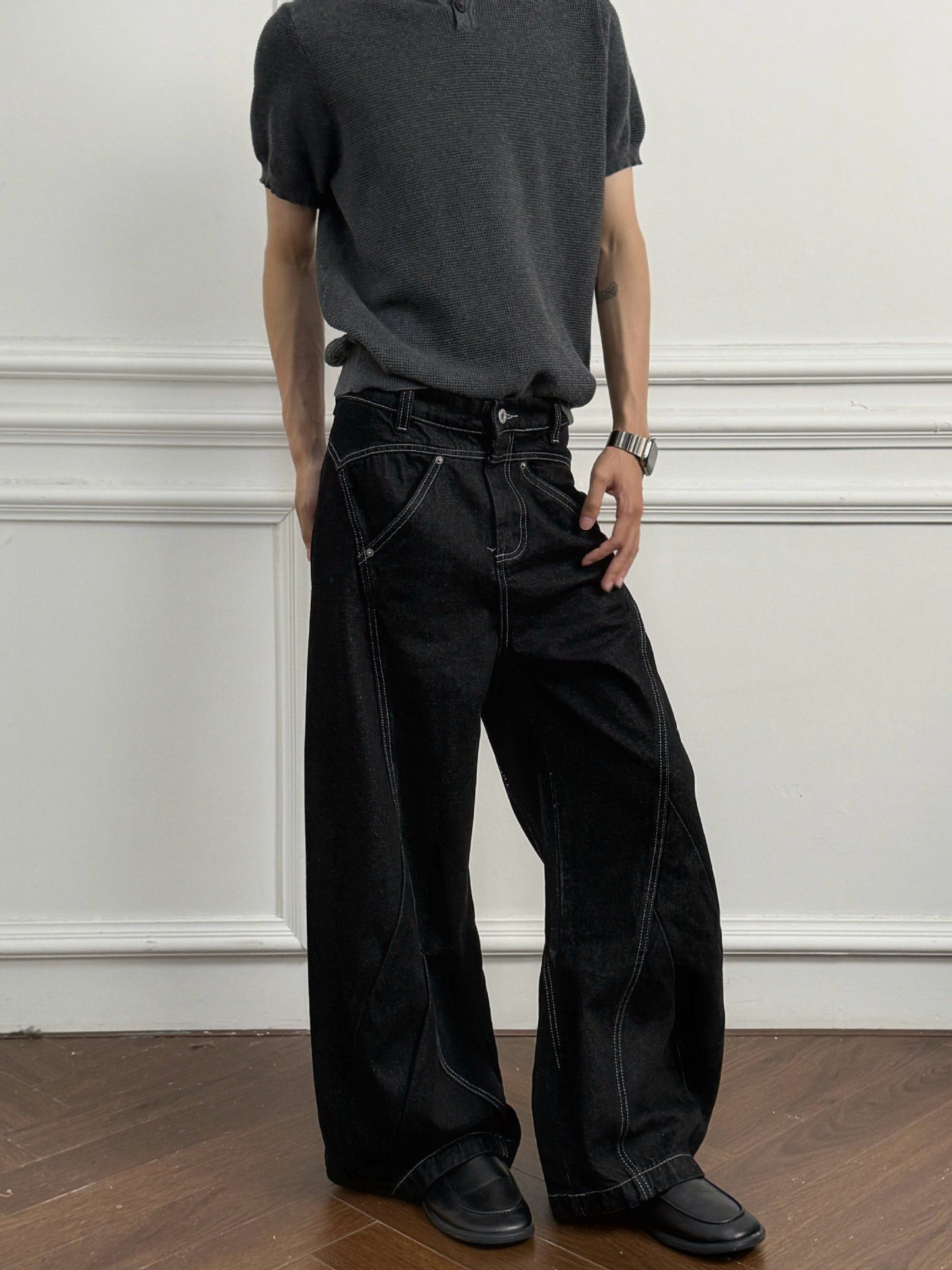 Japanese Brand American Retro Patchwork Curved-Leg Black Jeans Size US 32 / EU 48 - 4 Thumbnail