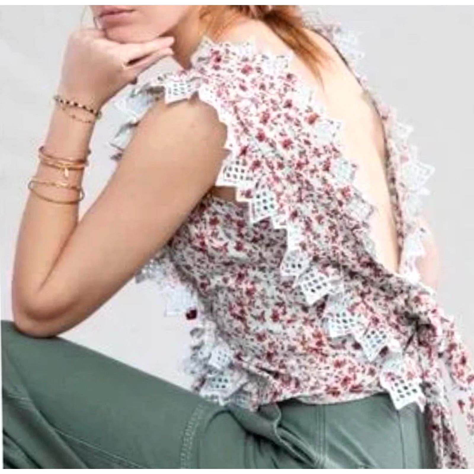 Anthropologie Anthropologie Blouse Multicolor Floral Eyelet Sleeveless Trina Back Bow Square Neck Tie Cropped 100% Cotton S/NIB Size S / US 4 / IT 40 - 2 Thumbnail