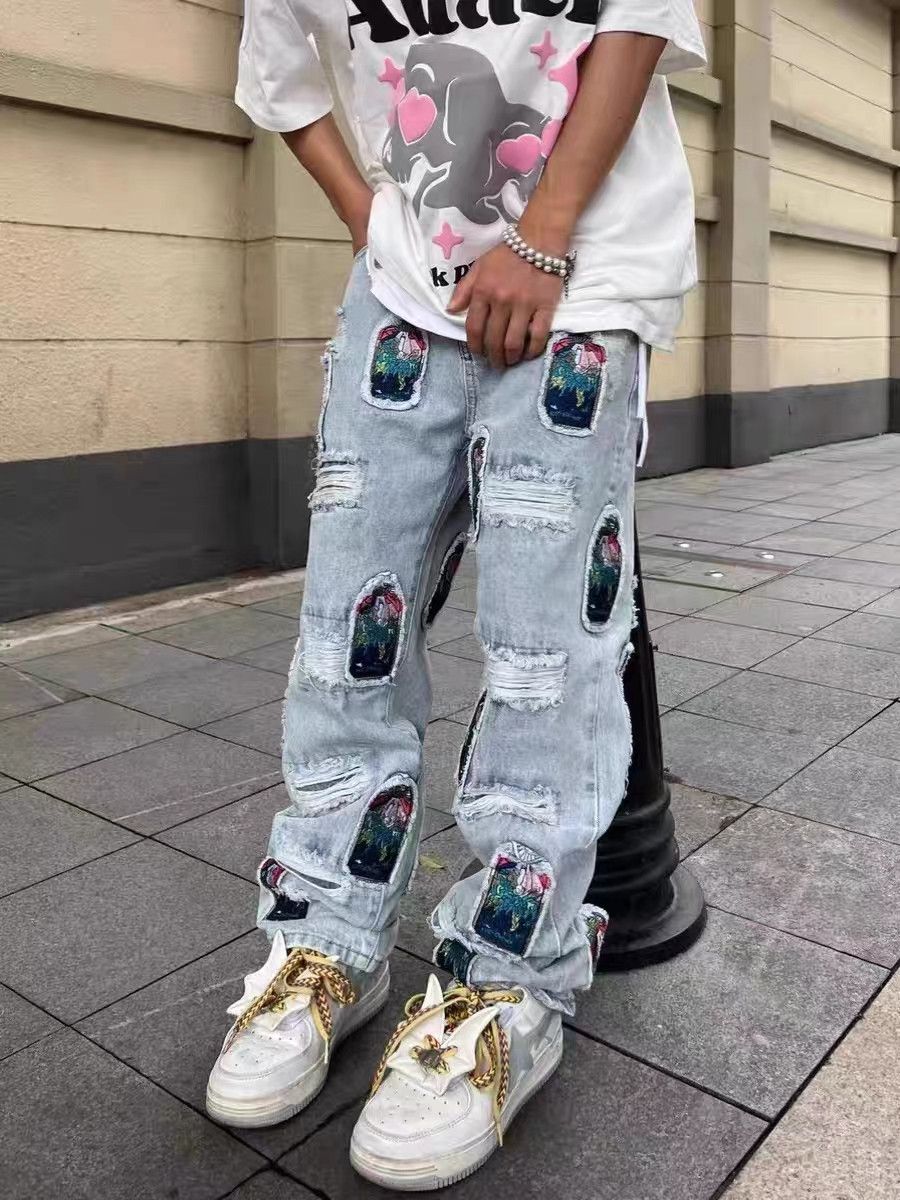 High Street Washed Ripped Patched Embroidered Jeans