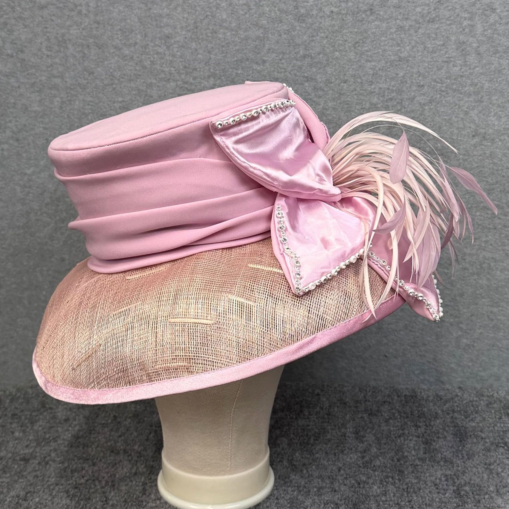 3952 Church Dress Derby Hats - Satin w Rhinestone Champagne VINTAGE Elite CHAMPAGNE Hat Womens Pink Wide Brim Satin Bow  main image 4